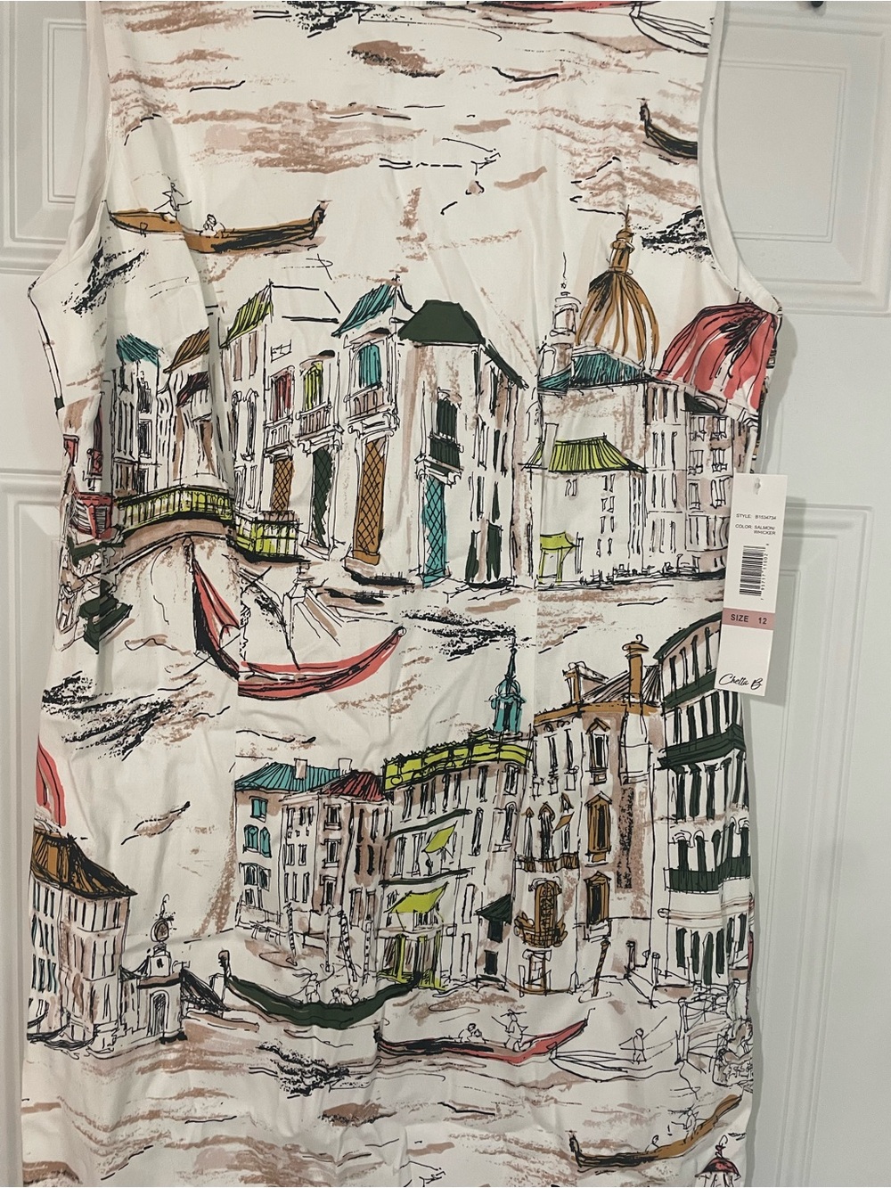 Chetta B Venice Italy Scenic Sketch Print Sleeveless Sheath Cotton Dress Size 12 - Picture 7 of 8